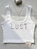 Handmade-Rhinestoned Y2K "LUST" White Tank Crop Top
