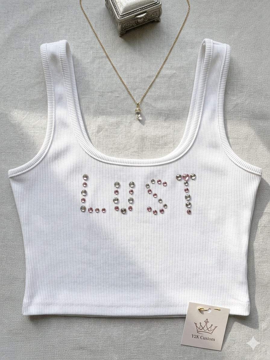 Handmade-Rhinestoned Y2K "LUST" White Tank Crop Top