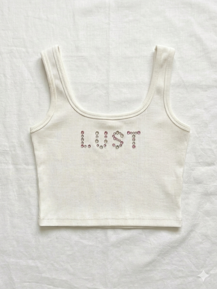 Handmade-Rhinestoned Y2K "LUST" White Tank Crop Top