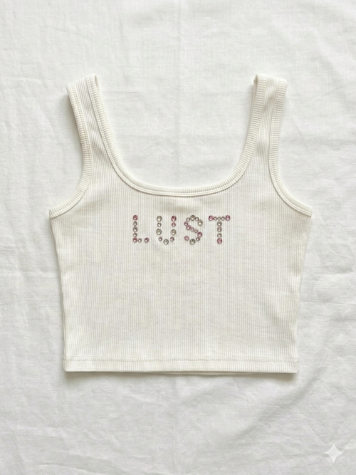 Handmade-Rhinestoned Y2K "LUST" White Tank Crop Top